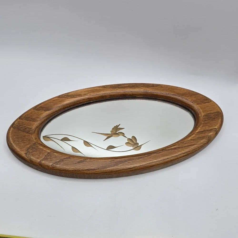 VTG Hummingbird Oval Mirror Wall Hanging Oak Wood Frame 13